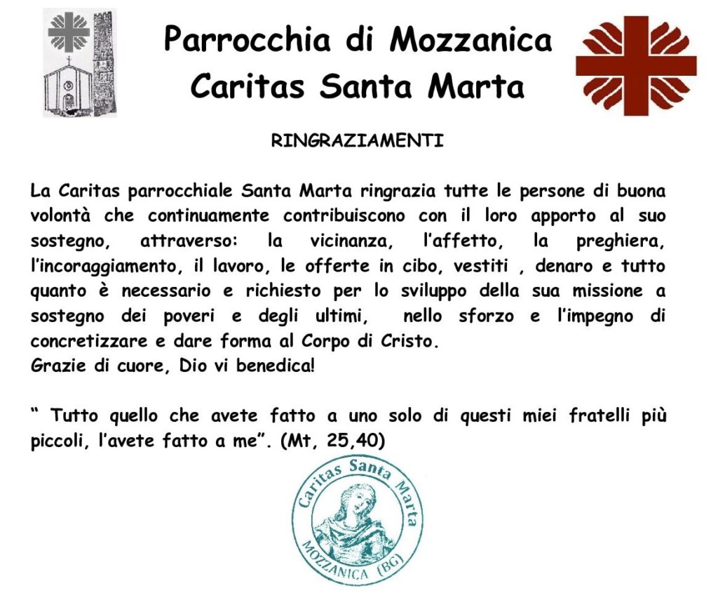 Ringraziamenti Parrocchia S.Stefano Mozzanica